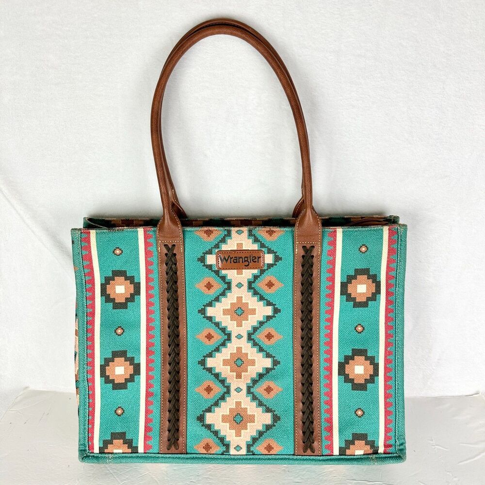 Wrangler Southwestern Dual Sided Wide Tote Bag Teal Western Boho Laptop